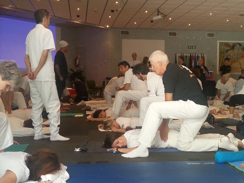 I partecipanti praticano in coppia dopo la dimostrazione del Maestro Yuji Namikoshi.